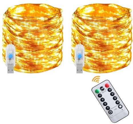 Vicloon Curtain Fairy Lights, 2Pcs 100LED 10M 8 Modes Remote Control Timer Adjustable Brightness, Fairy String Lights, USB Plug in Window Lights for for Bedroom, Party, Christmas - Warm White