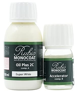Huile pour bois Rubio Monocoat 5 m² - Super Blanc | Oil Plus 2C | Huile de lin pour bois écologique à séchage rapide pour l'intérieur, avec accélérateur (partie B) | Protecteur | 130 ML