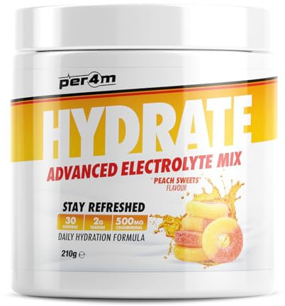 Per4m Hydrate Electrolyte Mix Powder | 500mg Cocomineral | Replenish Essential Electrolytes | Aiding Muscle Function, Cardiovascular Health, Neurological Support (Peach Sweets, 210g)