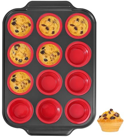 Toptrend Silicone Muffin Tray with Metal Frame, Regular Size Baking Trays for Cupcakes, Non-Stick Muffin Tin for Baking 12, BPA Free Red Baking Moulds for Muffin 40 x 27 x 3.5 cm