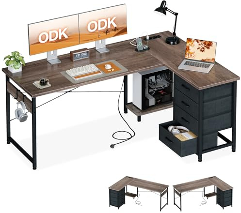 ODK Eckschreibtisch mit 4 Schubladen, 155×110 cm Schreibtisch L Form mit Steckdose und USB-Ladeanschluss, Reversibler Schreibtisch mit Stauraum für Homeoffice, Graue Eiche
