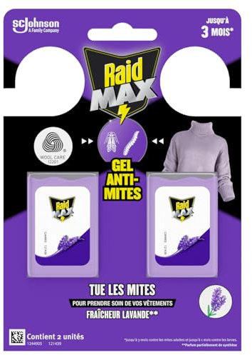 Raid Max Gels Anti-Mites Parfum Lavande - Protège Les Vêtements Jusqu'à 3 Mois - Parfume Délicatement - Certification Woolmark - 2 Gels