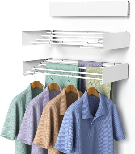 SZJoyBet Laundry Drying Rack, Collapsible Wall Mounted Clothes Drying Rack - Drying Rack Clothing Foldable,Space Saving, 32 Wide, 13.2 Linear Ft, 5 Aluminum Rods, 60 lb Capacity (White, 32)