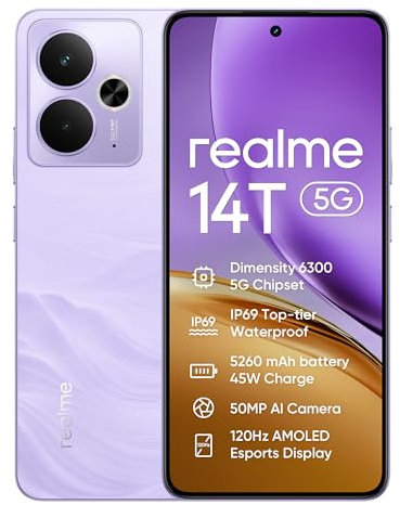 realme 14T Smartphone 5g, 8+256GB,5260 mAh Battery,Dimensity 6300 Chipset, IP69 Top-tier Waterproof, 50MP camera,120Hz Eye Protection Display,Lightning Purple,Amazon Exclusive (No Adapter)