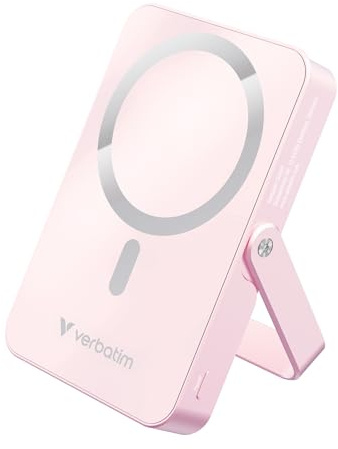Verbatim Charge 'n' Go MagSafe Powerbank 10000mAh Rosa 15W magnetisch, PD 20W Schnellladen, LED-Anzeige, Ständer klappbar, Glasoberfläche, für iPhone 17/16/15 Pro, Galaxy S25 - inkl. USB-C Kabel