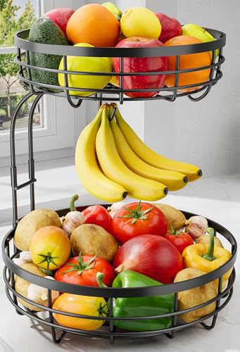 Sakugi Fruit Basket for Kitchen Counter - 2-Tier Large Capacity Fruit Bowl with Detachable Banana Hanger, Rust-Proof Metal Fruit Holder for Vegetables, Bread, Toiletry,10 D x 10 W x 14 H, Black