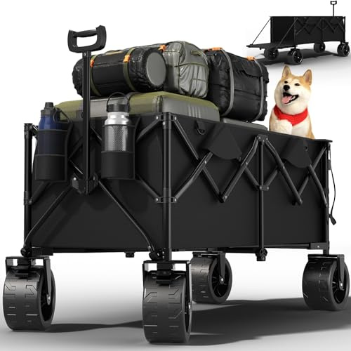 JUMMICO Bollerwagen Faltbar 332L mit Verstellbarer Heckklappe 200 KG Belastbar, Faltbarer Bollerwagen mit 360°-Schwenkbare All-Terrain-Räder & Bremsen für Strand Wanderung Camping Einkauf,Schwarz