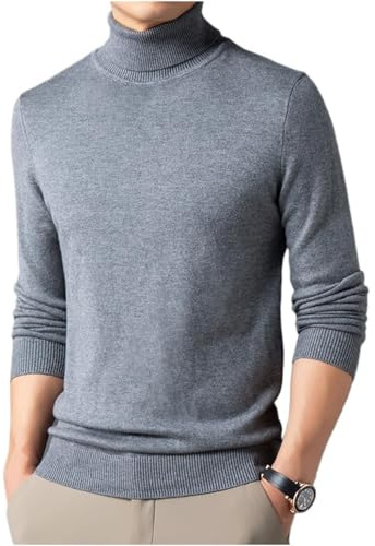 WINDEHAO Maglione da uomo in cashmere premium tinta unita, morbido, a collo alto, slim fit, invernale, lavorato a maglia, a collo arrotondato, Grigio, M