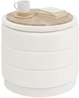 Bonlife Storage Ottoman Round - Folding Foot Rest with Hidden Storage, White Velvet 39x39x37cm for Living Room, Bedroom & Hallway