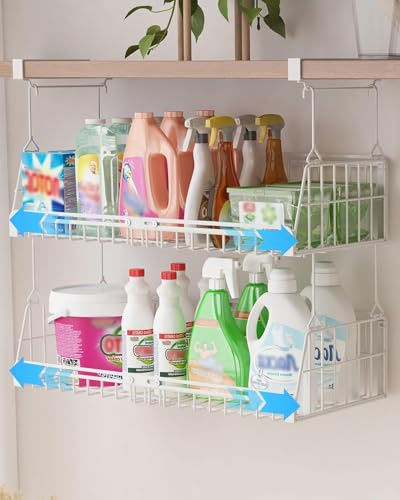 Ornestia 2 Cestas Colgantes de Metal para Debajo del Estante, Ajustables 35-60cm, Resistentes a la Óxido, Forma L Apilables, Carga Máx 9kg, Organizador para Cocina, Baño, Armario, Oficina (Blanco)