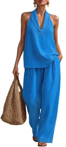 TFNOSIZE Conjunto Mujer 2 Piezas Verano Top Halter y Pantalones Anchos con Bolsillos