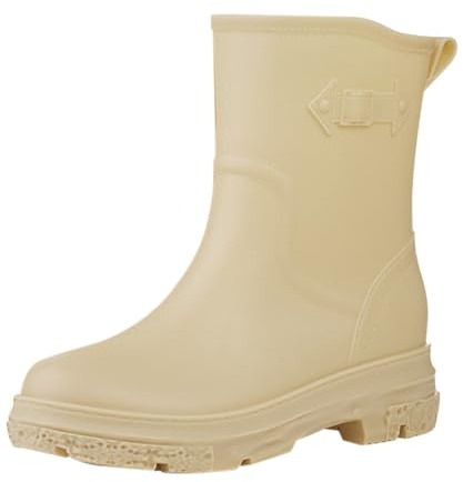 Maskjuwio Stivali di gomma da donna con suola grossa, stivali corti in gomma a metà polpaccio, antiscivolo, durevoli, casual, versatili, senza lacci, stivali Chelsea per lavaggio auto, pesca, Beige