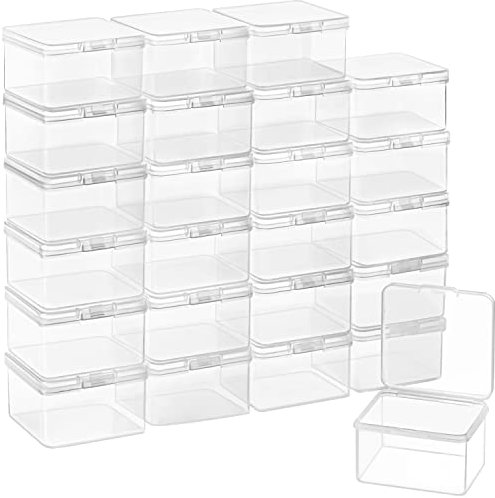 BELLE VOUS 24 Pack Small Clear Plastic Storage Box Containers with Hinged Lid - L6.2 x W6.2 x H4cm / 2.44 x 2.44 x 1.57 Inches - Mini tub Boxes for Pills, Beads, Jewellery & Craft Items