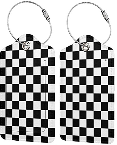 2 Pack Luggage Tags for Travel PU Leather Luggage Tag Name ID Labels with Privacy Cover for Suitcases Women Men Kids Girls (Black and White Grid)