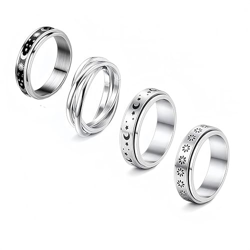 4 st spinner-ringar för kvinnor rostfritt stål fidget band ringar set måne stjärna sandblästrad finish damring för stressavlastning bröllopslöfte
