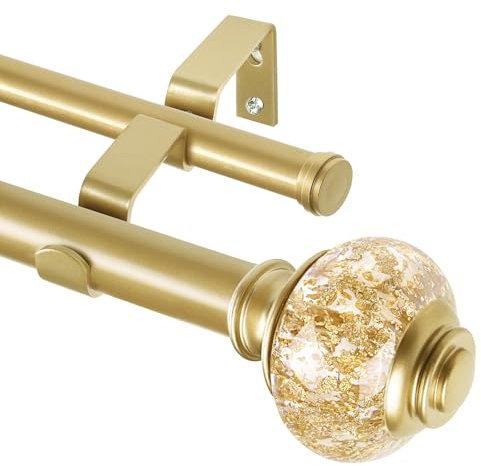 1 Inch Gold Double Curtain Rods 36 to 72 Inches (3 to 6 ft), USFOOK Drapery Rods for Windows, Telescoping Dual Curtain Rod with Luxury Translucent Finials