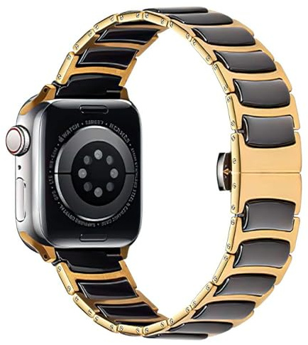 MaKTech Keramiskt Band,Tunt Rostfritt Stål Inlagt Keramiskt Länkarmband,för Apple Watch Serie 11/10/9/8/7,Ultra 3/2/1,SE 3/2/1 [2025] (46mm/45mm/44mm/49mm,Guld/Svart)