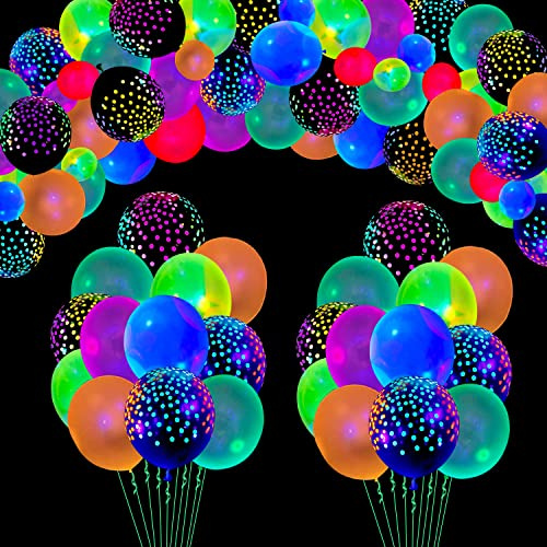 109 Paquete Globos de Neón UV Globos Luminosos Globos Que Brillan en la Oscuridad Luz Negra Reactiva Fluorescente Polka Dot Globos de Látex Neón Fiesta de Suministros Globos de Fiesta Black Lights