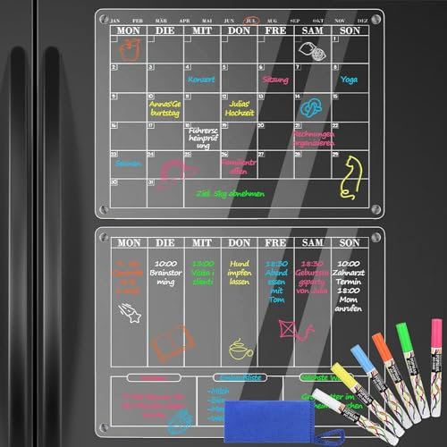 POPRUN Acryl Kalender für kühlschrank, magnetisch Wochenplaner und Monatsplaner abwischbar, Magnettafeln Familienplaner, Planungstafeln, Haushaltsplaner, To Do Liste und Memoboard 40×30 cm auf Deutsch