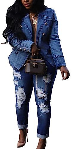 YOOTIKO Womens Jean Blazer Lapel Open Front Button Up Long Sleeve Casual Work Denim Jacket Coat