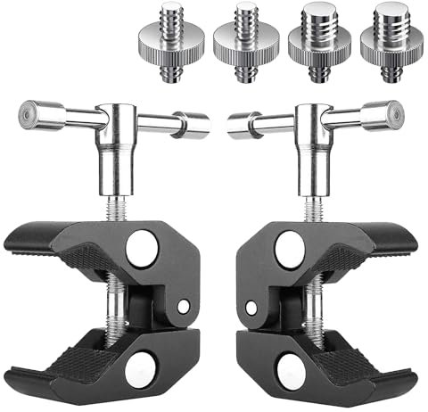 Homeet Set de Super Clamp 2 Abrazaderas para Trípode Clamp Mount con Rosca de 1/4 y 3/8 Adaptador de Tornillo para Cámara Pinza Mágico CNC Universal Clip para Pantallas LED, Cámaras, Monitor, y etc