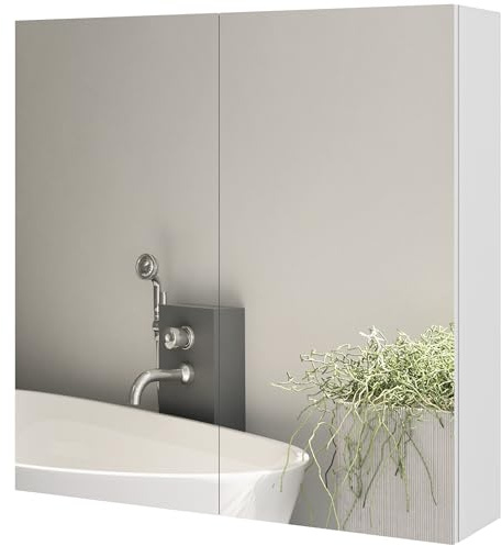 kleankin Bathroom Mirror Cabinet, Wall Mounted Bathroom Storage Cupboard with Adjustable Shelf, 60W x 15D x 60Hcm, High Gloss White
