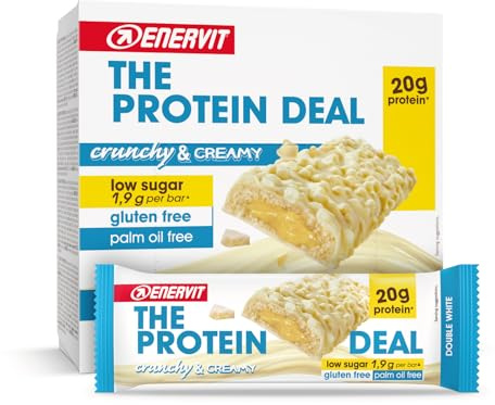Enervit The Protein Deal Double White, Barritas Proteicas, Sabor Chocolate Blanco con Centro Suave, Snack Delicioso, 20g de Proteínas, 1,9g de Azúcares, Sin Gluten, 12 Barritas de 55g