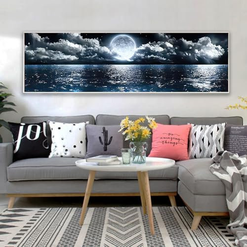 Quadro su tela con cielo nuvole, paesaggio naturale, moderno, grande, 1 pezzo, decorazione da parete, per soggiorno, camera da letto, mare, luna, notte, senza cornice (B, 30x90cm, Senza cornice)