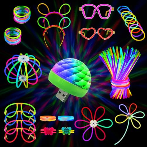 MOSSNDAR Knicklichter Party Set, Leuchtstäbe mit Mini Led Discokugel für Kinder Neon Party Deko,Glow Sticks mit Neon Brille Ball Armbänder für Halloween Weihnachten Feuerwerk Party Silvester Deko 2025