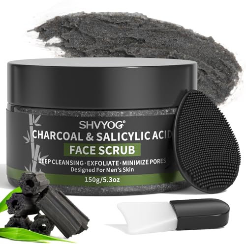 Charcoal Salicylic Acid Face Scrub for Men, Gesichtspeeling für Männer, Reduziert Mitesser, Akne, Verstopfte Poren, Ölkontrolle, Rasurvorbereitung für Männer, Mit Gesichtsreinigungsbürste