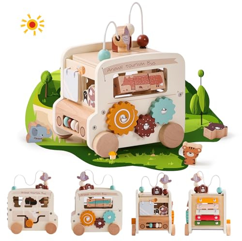 Etucdose Wooden Activity Cube 8-in-1 Montessori Toys | Multifunctional Early Educational Learning Toys | Wooden Toy for Baby Shape Sorter Xylophone Animal Travel Bus Boy Girl Birthday Gift（Beige Bus）