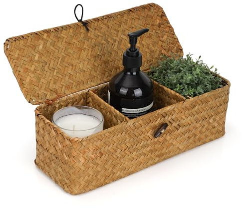 YKUKIZEE Seagrass Storage Basket with Lid, Rectangular Seagrass Woven Storage Basket with 3 Compartments, Woven Rattan Storage Baskets for Shelves Organize Snack Toys