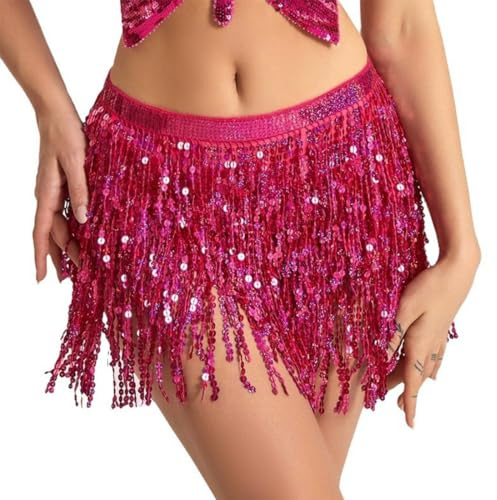 JAWUZ 1 Pièce Jupe paillette femme, Jupes paillettes enveloppées de franges, Jupe paillette pour danse du ventre pour Bal Performance