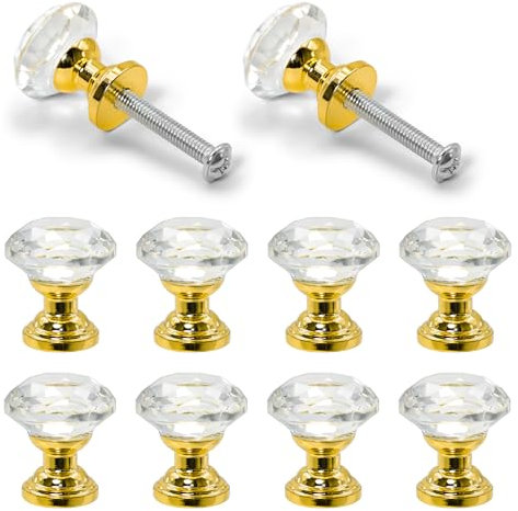 Lot de 10 boutons de tiroir en cristal pour armoire, porte - Boutons rotatifs - 20 mm - Boutons à paillettes pour commode, tiroir avec base dorée - Boutons de boîte avec vis