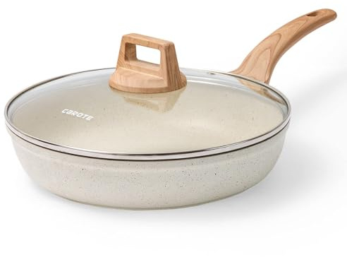 CAROTE Non Stick Frying Pan, 12 Inch Cream White Skillet with Glass Lid