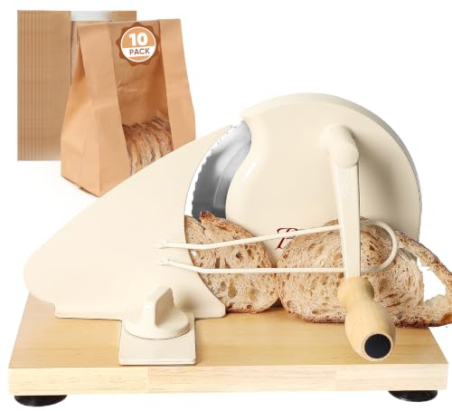 Brvclon Manual Bread Slicer for Homemade Sourdough,Adjustable Thickness,Hand Crank Bread Slicer with Stainless Steel Blade, Aluminum Alloy Frame & Solid Wood Base with Natural Wood Veneer Finish