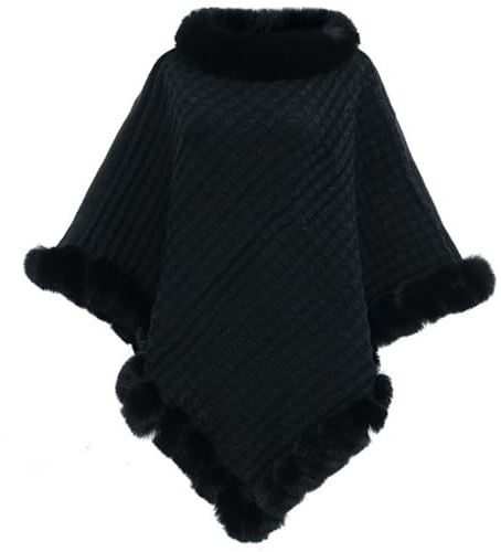 NLAND Women's Knitted Poncho Soft Elegant Cape Coat Winter Warm Shawl Wrap with Faux Fur Collar Trim for Fall Winter(Black)
