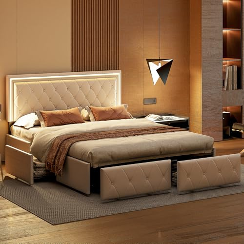 Fofetbfo Cama Doble de 140 x 200 cm con 4 Cajones, LED, Camas Tapizada con cabecero de Camas Marco de Cama Doble con somier de láminas, Cama cajón, PU