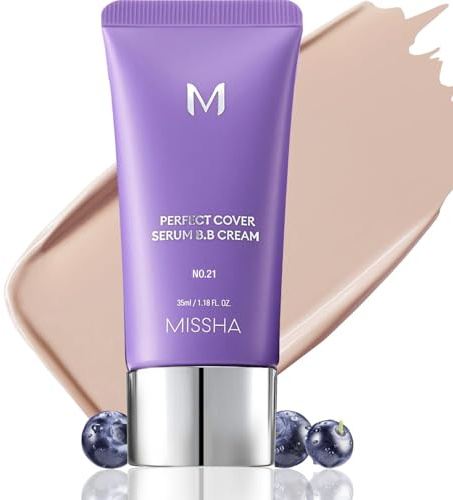 MISSHA M PERFECT COVER SERUM BB CREAM nr 21 ljusbeige – ljus nyans med kall underton, fuktgivande kräm med färg, makeup med hudbehandling, koreansk smink, 35 ml