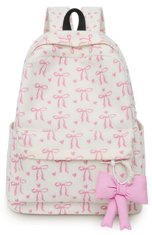 ZYNTAVA Aesthetic School Bag, Beige School Backpack with Pink Bow Charm, Waterproof Corduroy Kids Backpack, Kids Rucksacks for Girls, Practical Gifts for Birthdays & Holidays