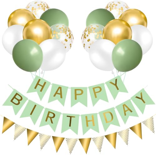 Decoración Fiesta Cumpleaños Verde, 16 Globos Salvia Verde, Blanco, Dorado Metálico y Confeti Dorado con Banner Feliz Cumpleaños y Guirnalda Cumpleaños, Happy Birthday Decoración para Hombres Mujeres