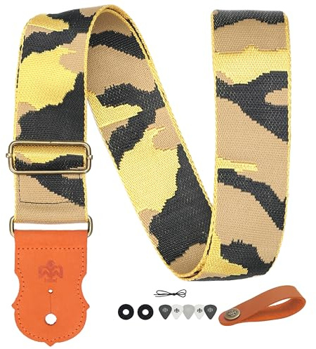 BOONSPARK Guitar Strap - Double Layer Brushed Real Cowhide End,Safe Durable.2 Wide Soft Adjustable Guitar Straps for Acoustic,Bass & Electric Guitars,Guitarists Gift Set（Camouflage Yellow）