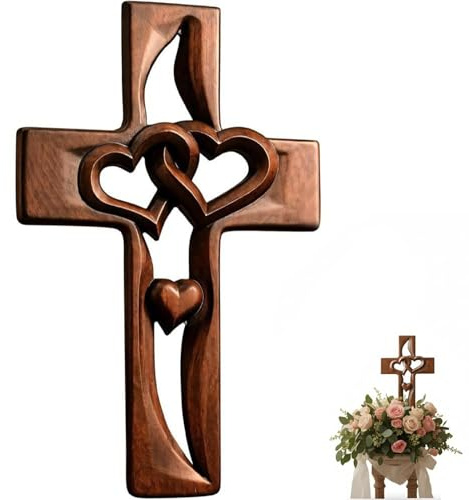 Croce in legno intagliata a mano con cuori intrecciati – Croce per matrimonio da parete, a forma di cuore, in legno, decorazione da parete per matrimonio, anniversario e regalo per la casa (marrone