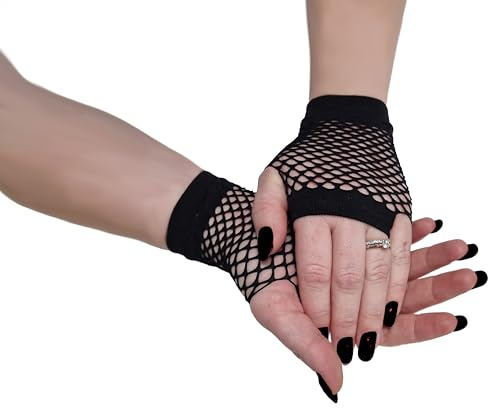 Komonee Short Fishnet Gloves Fingerless Mesh, Wrist Length Net for Women, Stretchy Sheer Edgy Costume Accessory for Rave Cosplay Halloween 80s Party, One Size