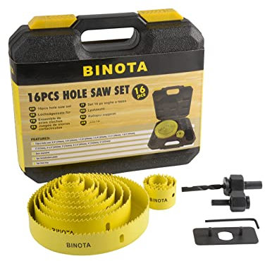 BINOTA Kit Sega a Tazza 16 Pièces, per Legno Tenero, Legno Duro, PVC, Plastica, Compensato, Cartongesso, Pannelli Compositi, Pannelli MDF, Set 19-127 mm