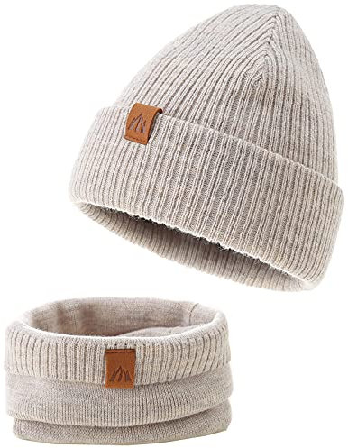 AHAHA Beanie Kinder Jungen Stricken Wintermütze Jungen Warm Mütze und Schal Kinder Beige