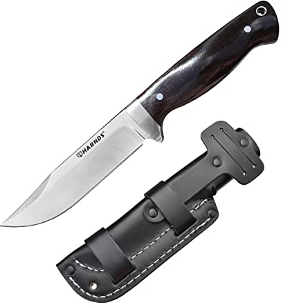 HARNDS Defender D2-stål jaktkniv med fast blad och full tång för Överlevnadskniv med fast blad för camping, friluftsliv och bushcraft (Handtag av ebenholts med läderslida)