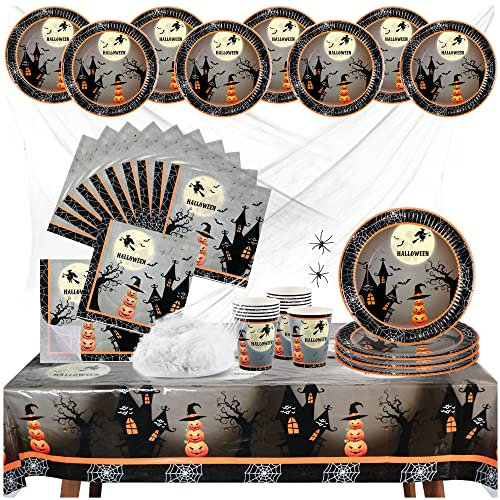 com-four® 38-teiliges Halloween Tischset - Dekoset mit Spinnennetz, Spinnen, Bechern, Teller, Servietten und Tischtuch für Halloween, Mottoparty und Kindergeburtstag (Hexe 2 - 38 Teile)