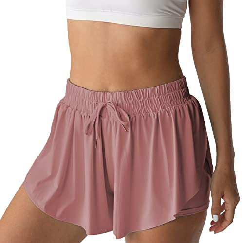 NEXSONIC Flowy Pantaloncini Sportivi da Donna Running Tennis Butterfly Shorts Ragazze 2-in-1 Doppio Strato ad Asciugatura Rapida Pantaloncini Comodi, Rosa Pallido, XX-Small