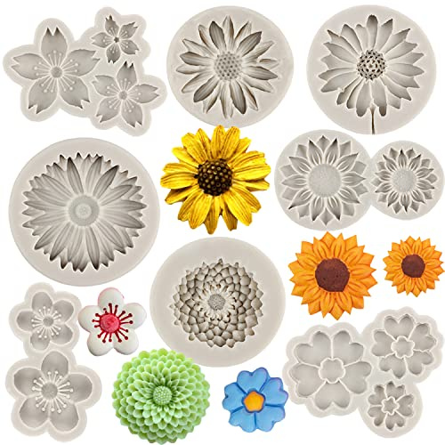 Sijiangmold krysantemum blomma silikonform solros fondant formar körsbärsblommor plommon blommor små blommor silikonformar för tårtdekoration muffinsdekoration godis choklad tuggummi pasta set med 8